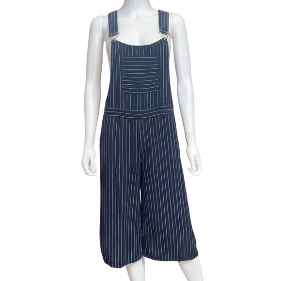 Polagram Pants - Polagram Overalls Womens L Blue Striped Wide Leg Cotton Culotte Lagenlook Style